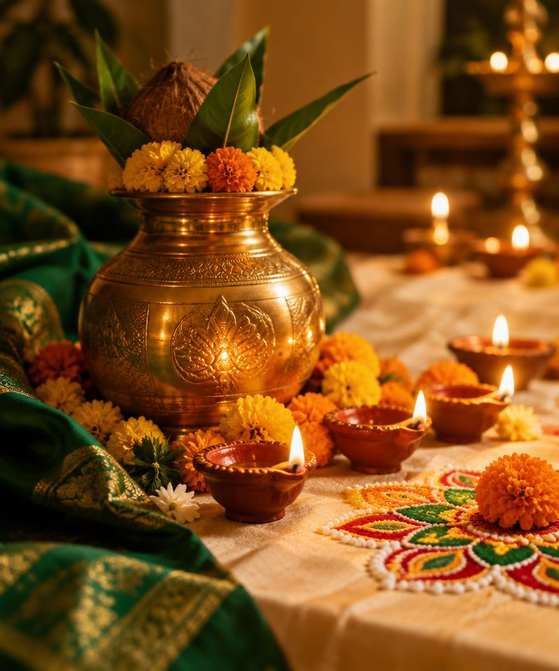 Wealth Vase with glowing Diwali diyas and marigolds