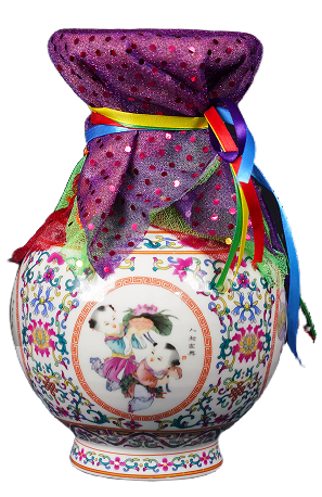 Traditional decorated Wealth Vase with ceremonial cloth